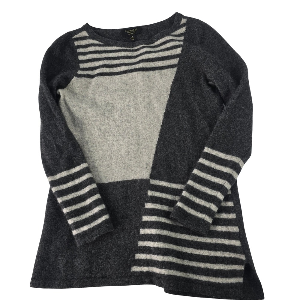 Charter Club Luxury Womens Cashmere Sweater M Gray Colorblock Striped‎ Pullover